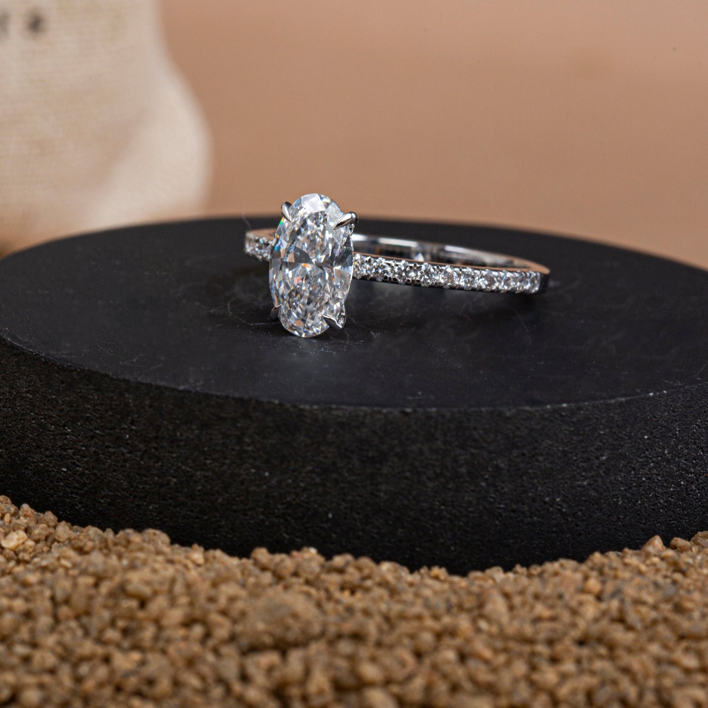 Claw Prongs Oval Pavé Diamond Ring.
