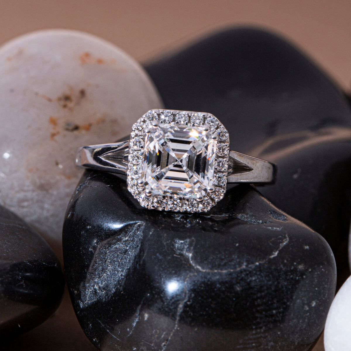 Asscher Cut Halo Diamond Ring.