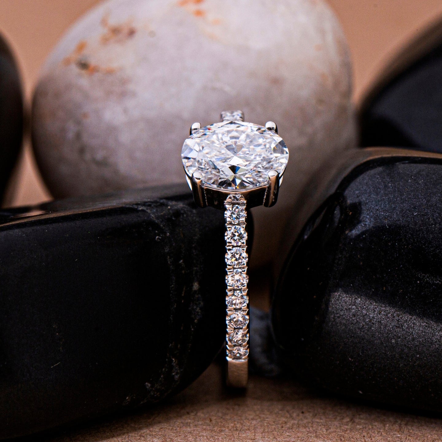 Shared Prong Pavé Band Oval Ring.