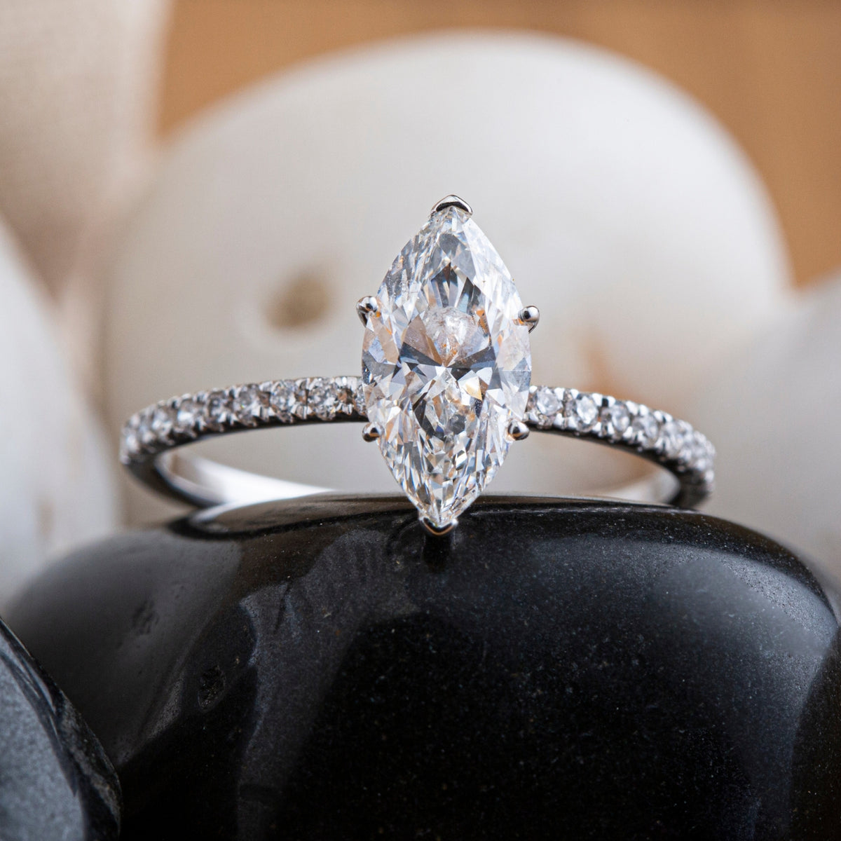 Marquise Diamond Ring with Pavé Shank.